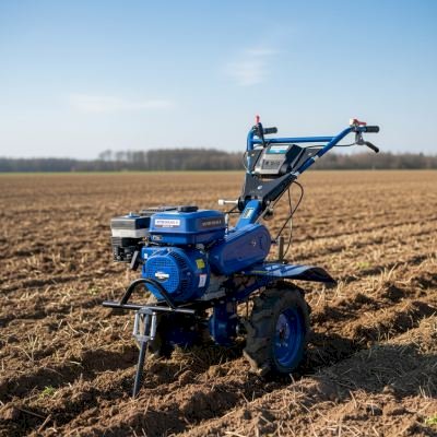 تیلر آماده کار در مزرعه با خاک تازه شخم زده شده در پسزمینه، نمای کلی از عملکرد دستگاه.